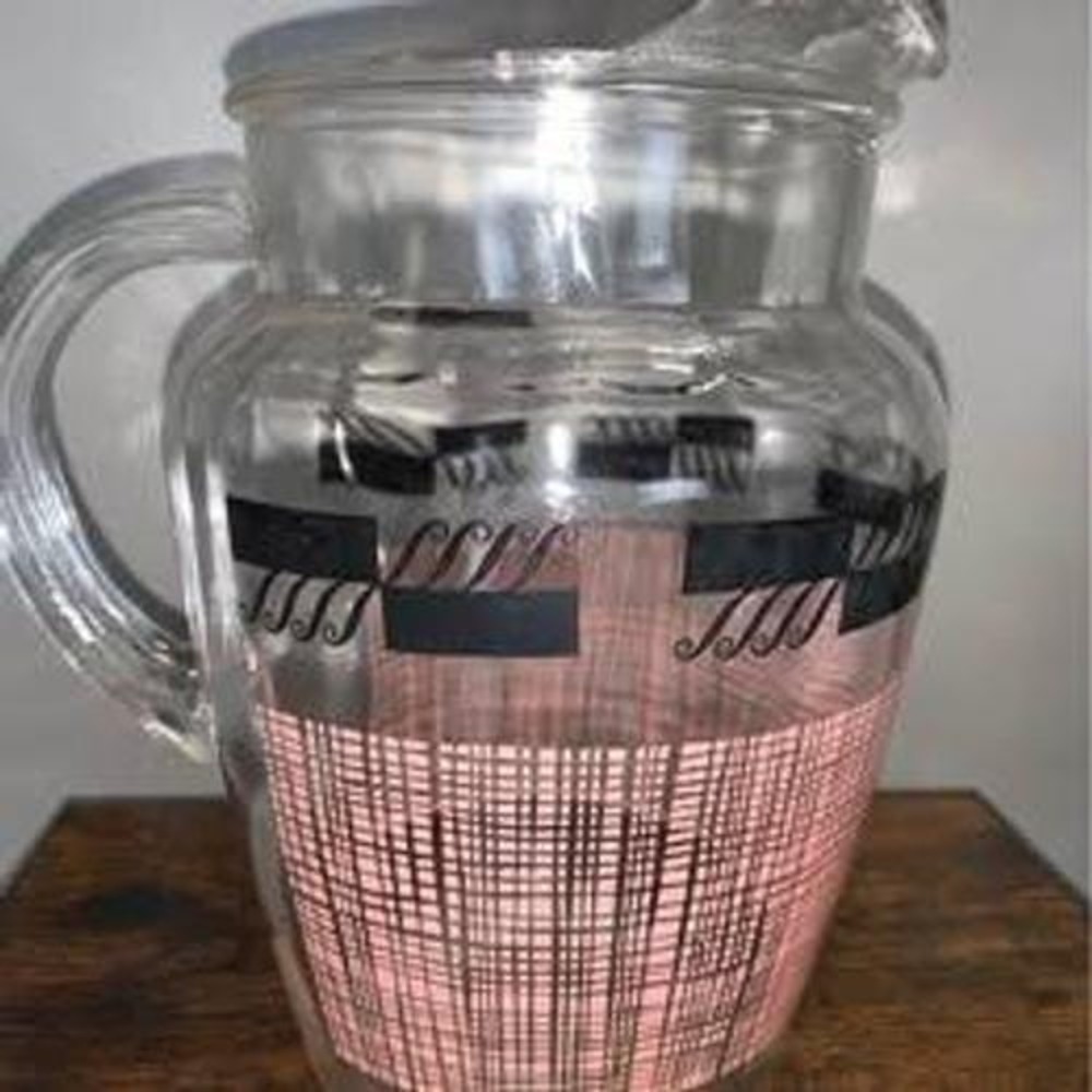 Vintage MCM Atomic Style Glass Pitcher 64oz Black White Hazel Atlas